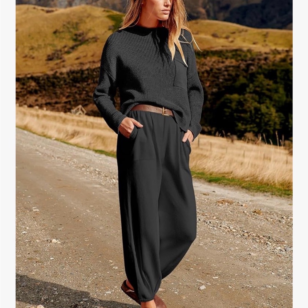 ANRABESS Black Knit Sweater and Pants Set